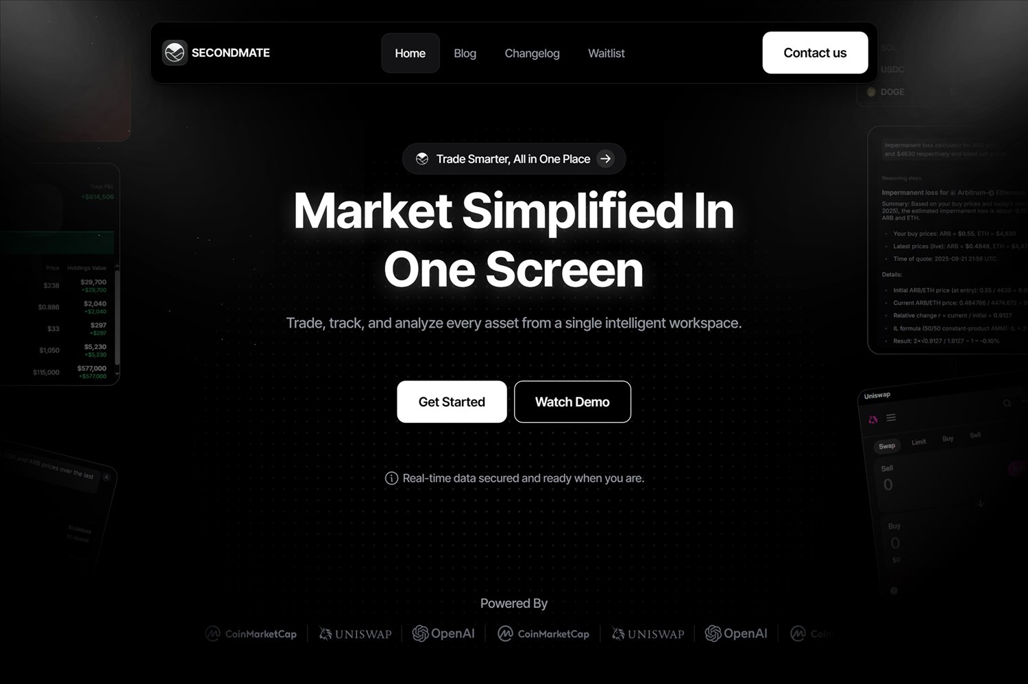 Finished Secondmate hero with live product panels behind the headline