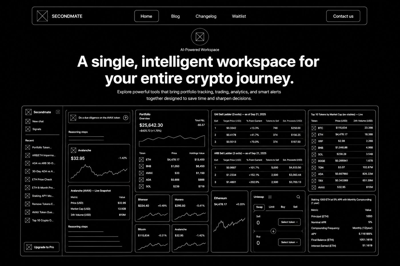 Low-fidelity wireframe of the Secondmate workspace section with dashboard modules blocked out