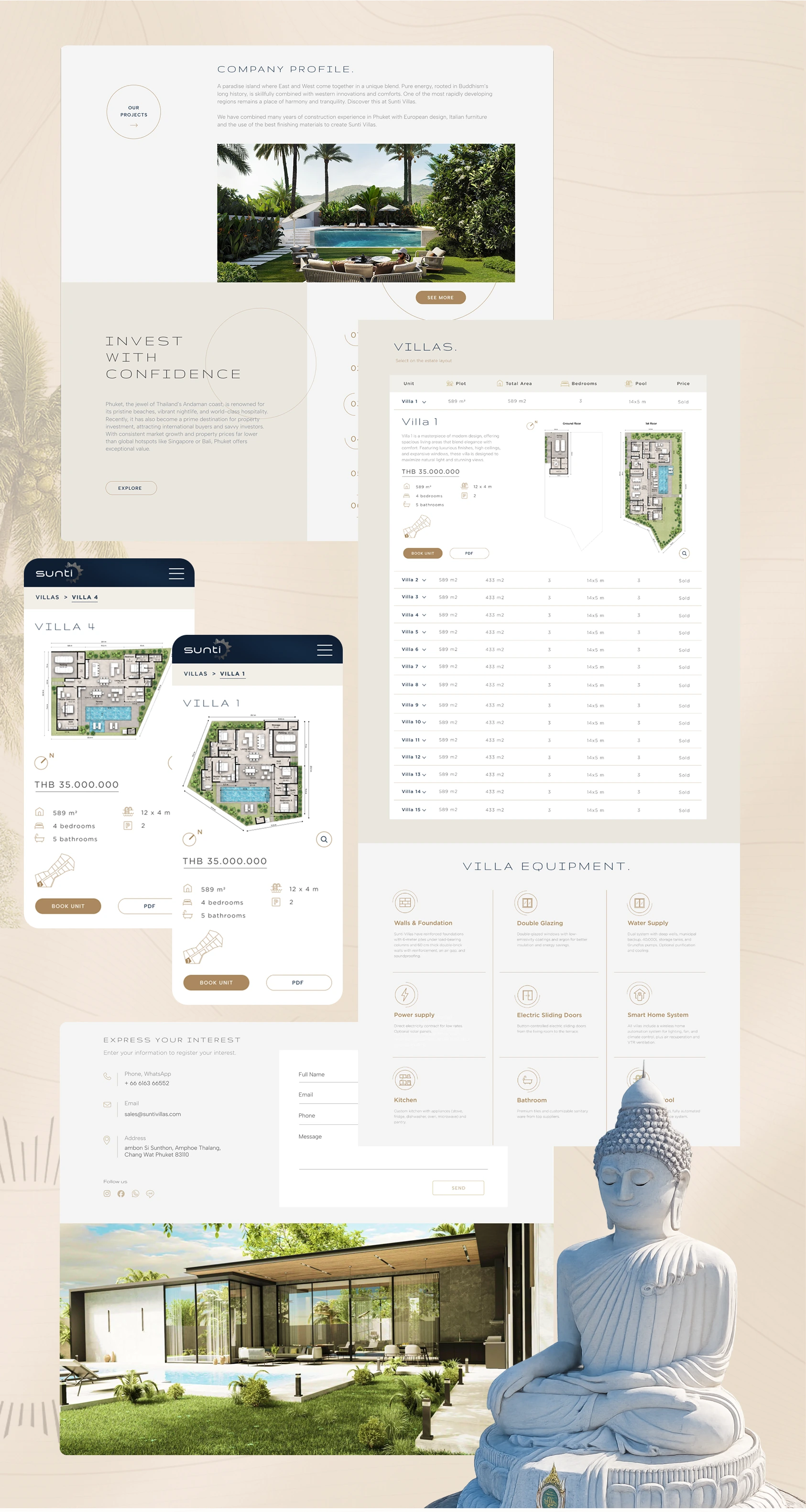 Desktop villa inventory and responsive mobile villa detail screens