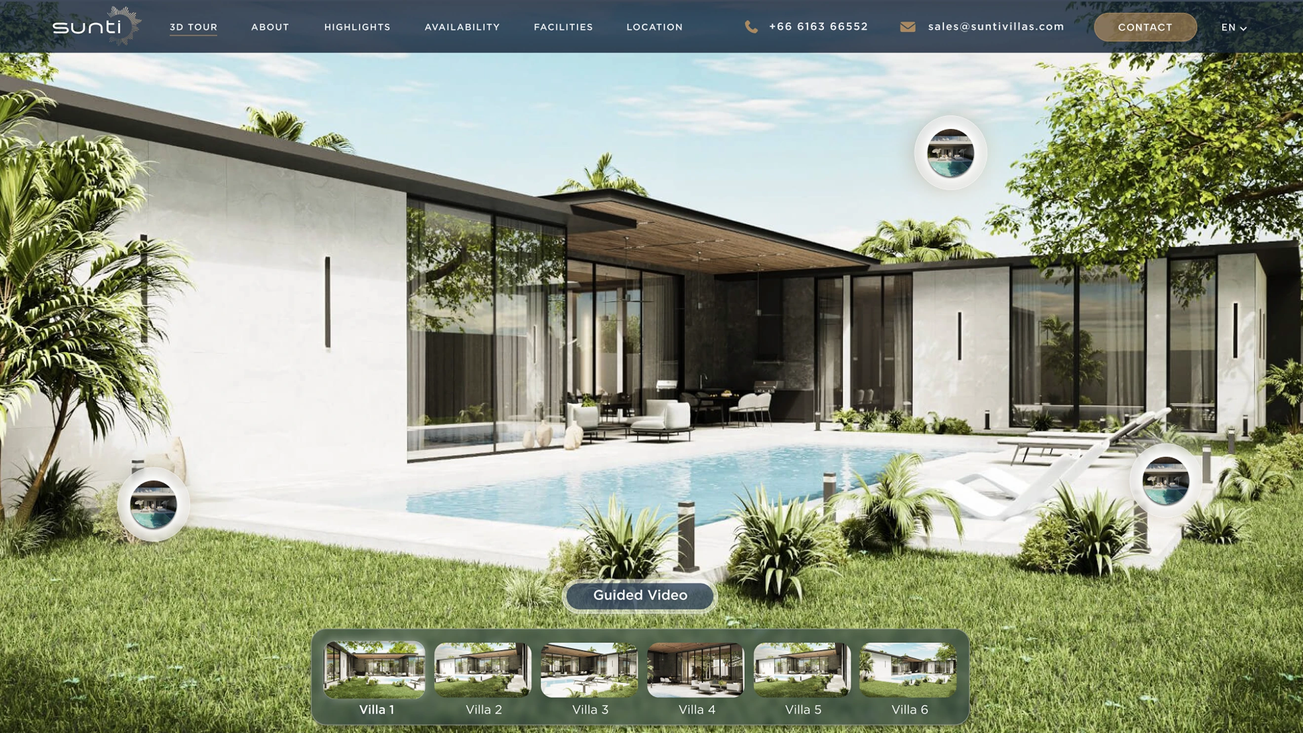 Sunti guided 3D tour opening on a tropical villa with direct villa shortcuts