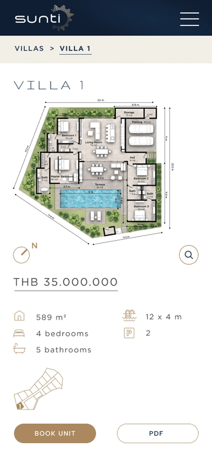 Mobile villa detail with floor plan, price, specifications, PDF, and booking action