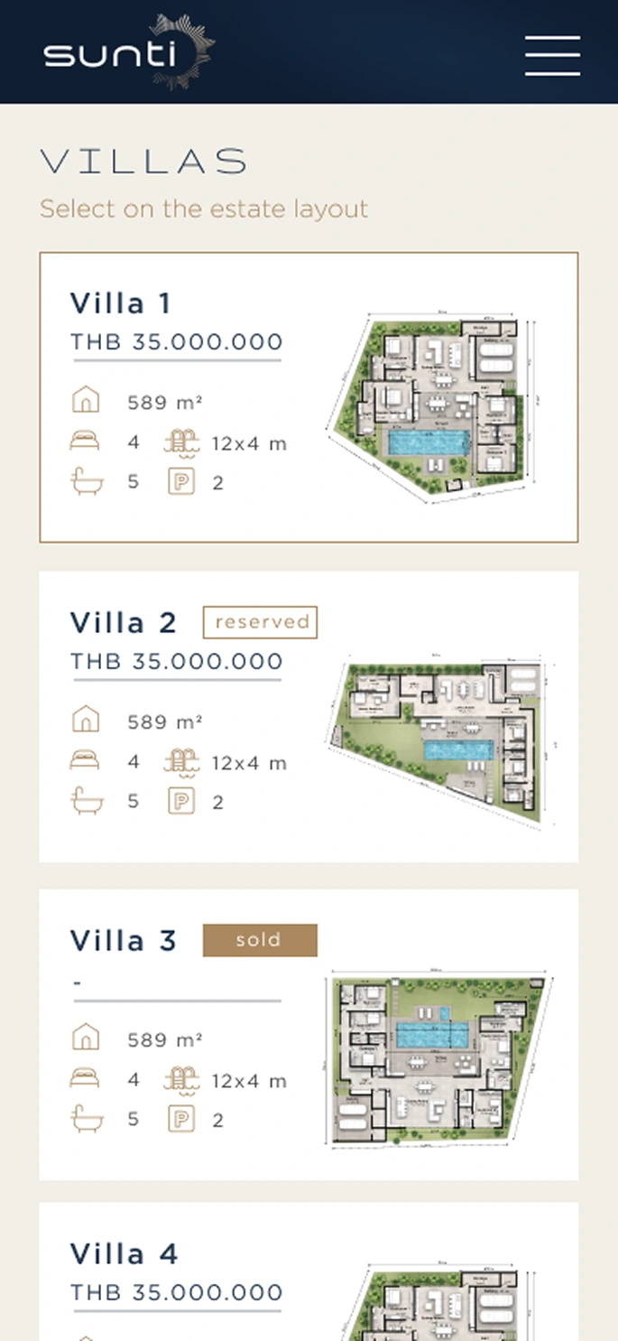 Mobile villa inventory with price, availability status, specifications, and plan previews