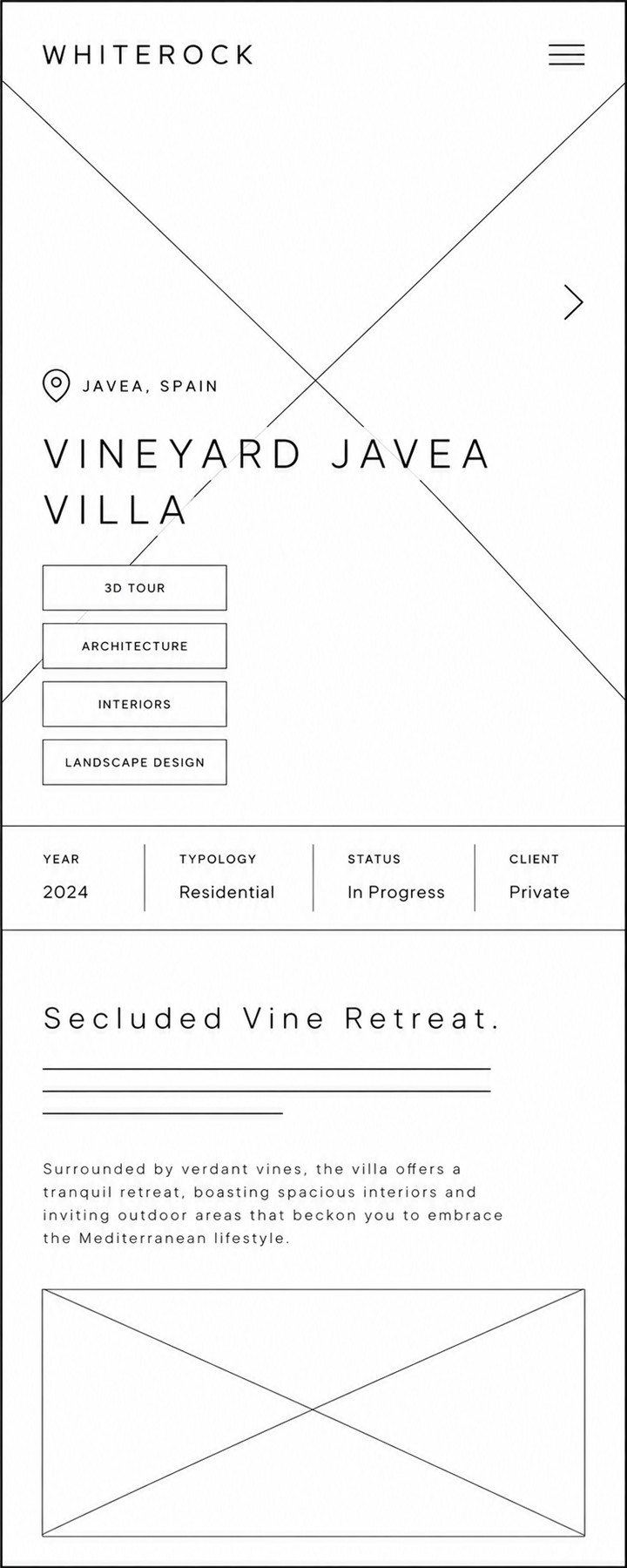 Mobile wireframe for a Whiterock project introduction