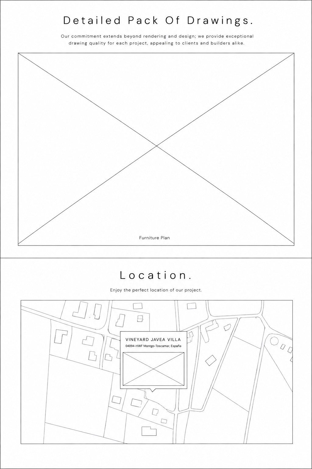 Desktop wireframe for Whiterock drawings and location sections