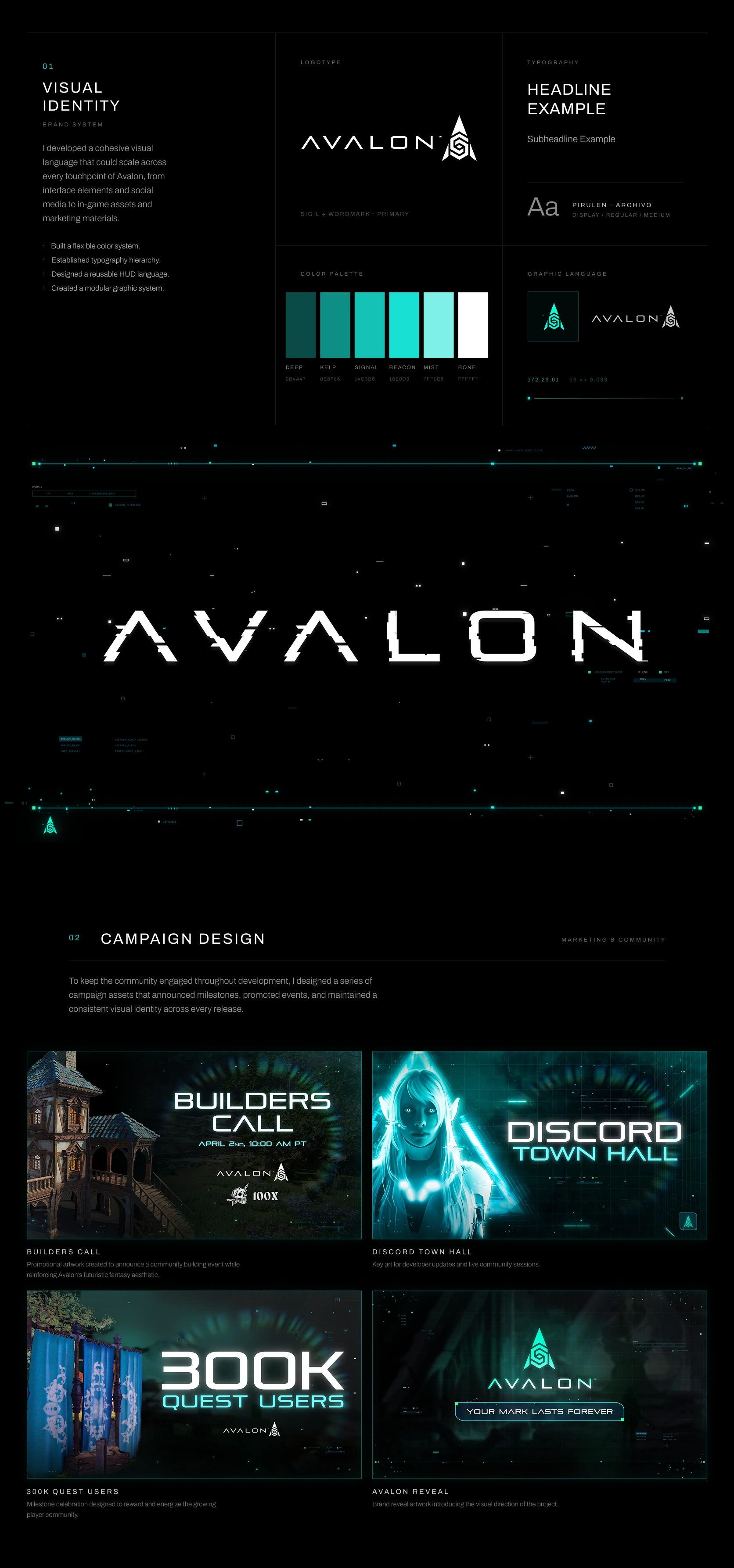 Avalon visual identity: logotype, color palette, typography and HUD language, plus community campaign design