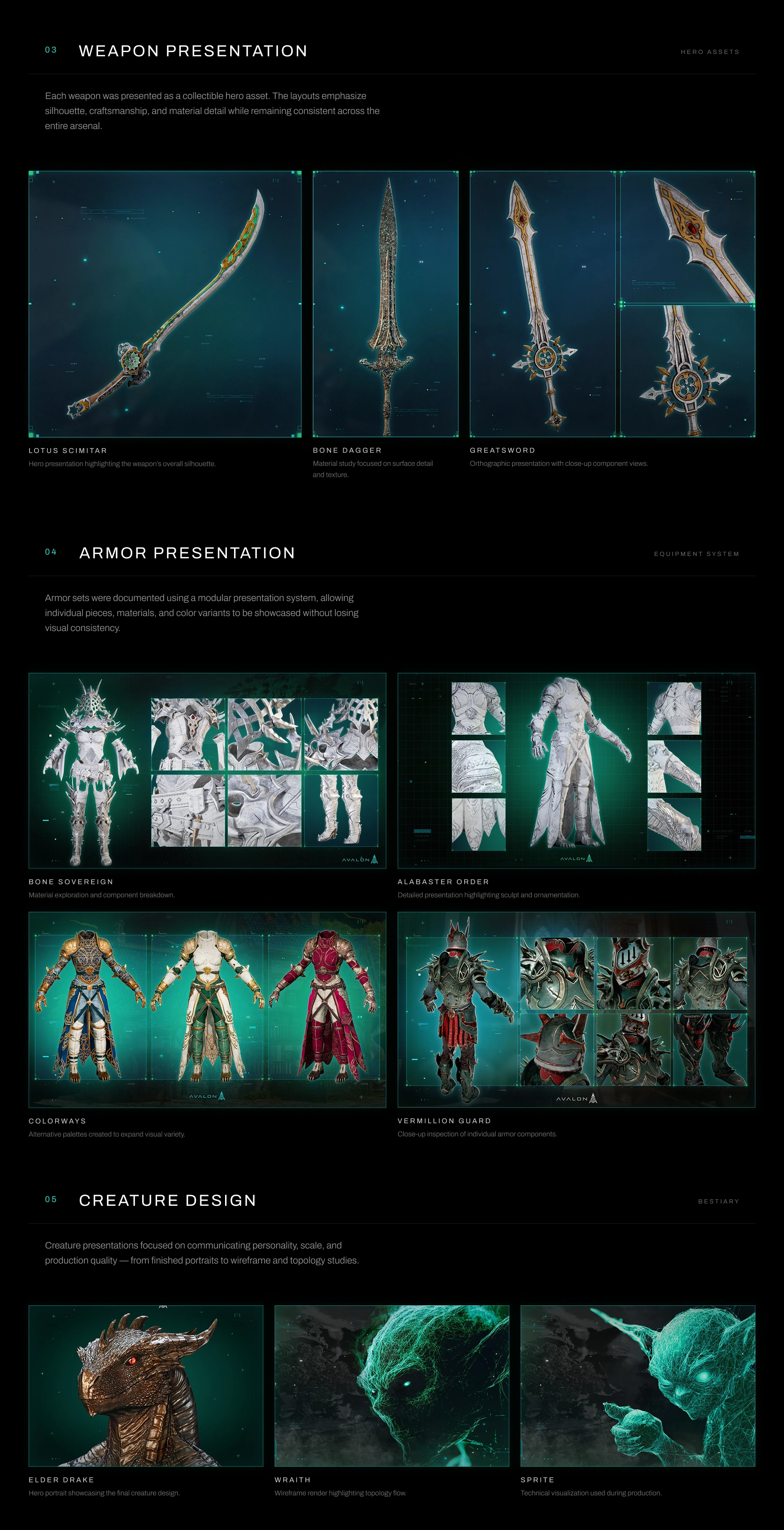 Avalon weapon, armor and monster presentation: hero assets, modular equipment system and bestiary