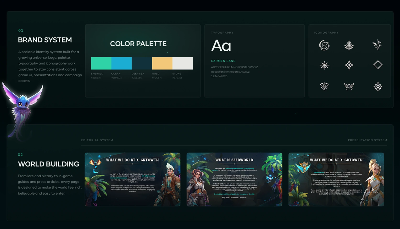 Seedworld - brand system: palette, typography and iconography, and world-building editorial pages