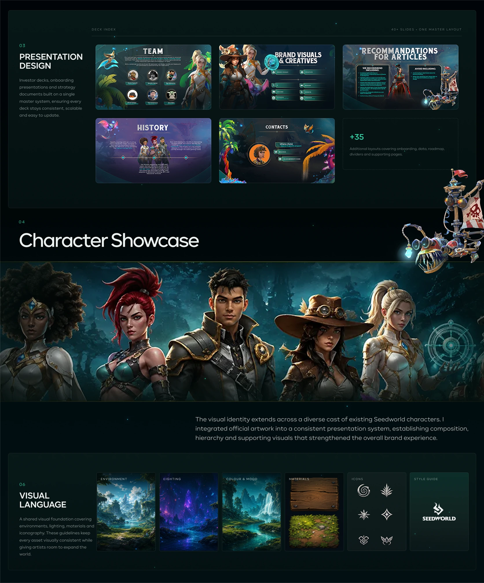Seedworld - presentation design deck system, character showcase and visual language guidelines